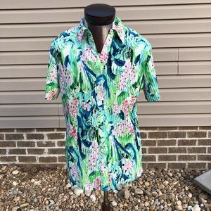 Laura Scott Woman 16 / 18W Floral Pleated Short Sleeve Button Up‎ Multicolor